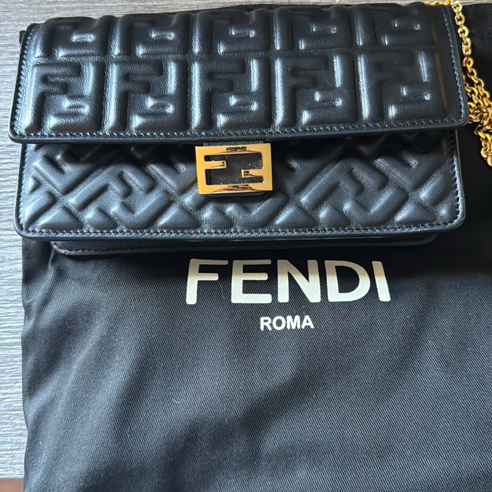 FENDI BAGUETTE Black Quilted Leather Bag with Gold Chain
